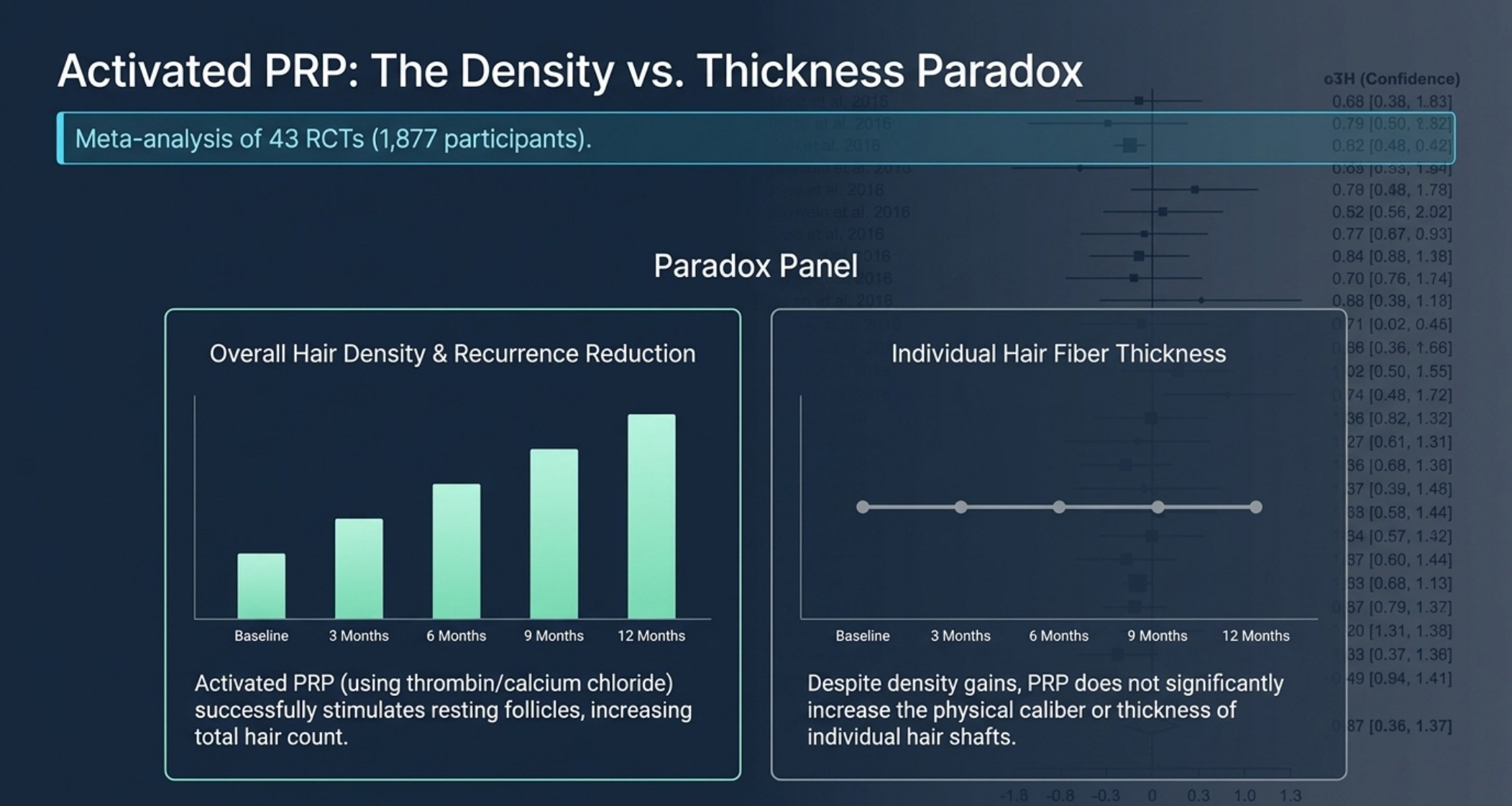 Slide comparing activated PRP effects on overall hair density versus individual hair fiber thickness over 12 months