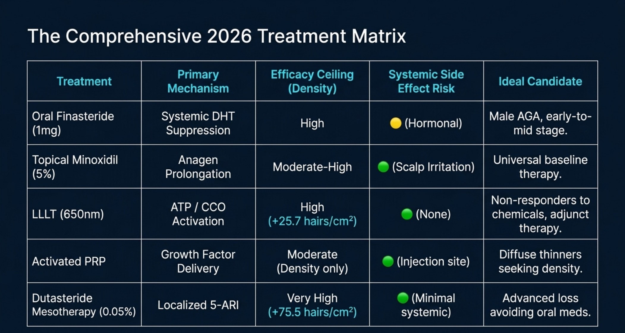 Slide showing the comprehensive 2026 hair loss treatment decision matrix comparing five treatments across mechanism, ceiling, candidate and risk